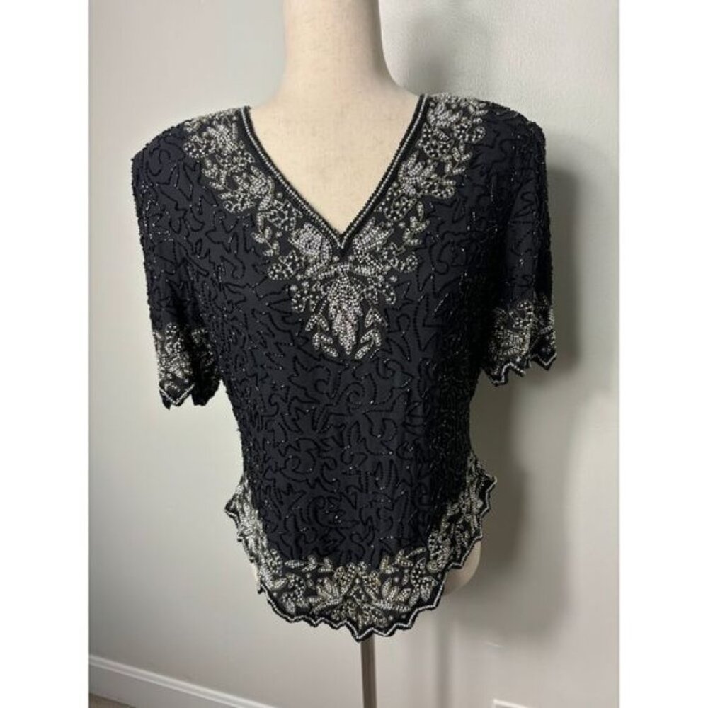 Vintage Laurence Kazar Top Black Silver Women's Size Large Holiday Stunning!